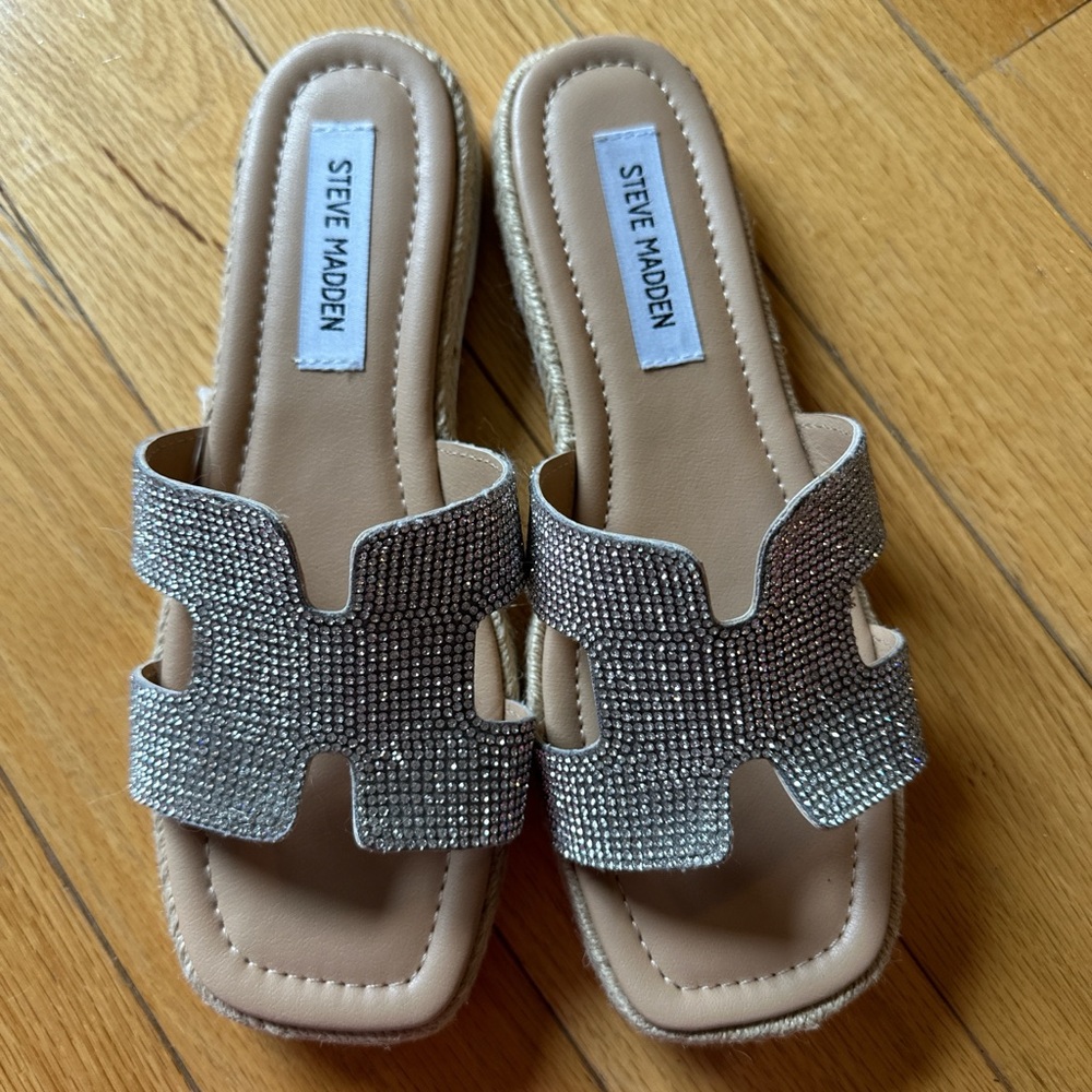 Steve Madden Women's Nude Slide Sandals with Silver Rhinestones